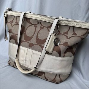 COACH Signature Stripe White Khaki Tote Shoulder Handbag Purse F13548